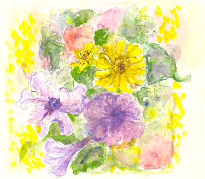 Garden Border Flowers - graphite pencil, watercolor pencils, watercolor tube paint, and gouache. By Cynthia Maniglia 2015